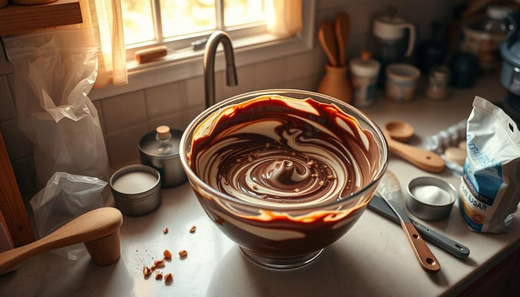 A cozy kitchen countertop, bathed in warm, golden light from a nearby window. In the center, a large mixing bowl filled with a rich, fudge-like mixture - its deep, chocolatey hue accented by swirls of creamy white and flecks of toasted nuts. Surrounding the bowl, an array of baking tools and ingredients: a wooden spoon, a sifter, a bag of powdered sugar, and a jar of vanilla extract. The countertop is clean and uncluttered, allowing the preparation of this fantastical fudge to be the sole focus. The atmosphere is one of calm, unhurried concentration, as if the creator is fully immersed in the alchemy of this delectable confection. A cozy kitchen countertop, bathed in warm, golden light from a nearby window. In the center, a large mixing bowl filled with a rich, fudge-like mixture - its deep, chocolatey hue accented by swirls of creamy white and flecks of toasted nuts. Surrounding the bowl, an array of baking tools and ingredients: a wooden spoon, a sifter, a bag of powdered sugar, and a jar of vanilla extract. The countertop is clean and uncluttered, allowing the preparation of this fantastical fudge to be the sole focus. The atmosphere is one of calm, unhurried concentration, as if the creator is fully immersed in the alchemy of this delectable confection.