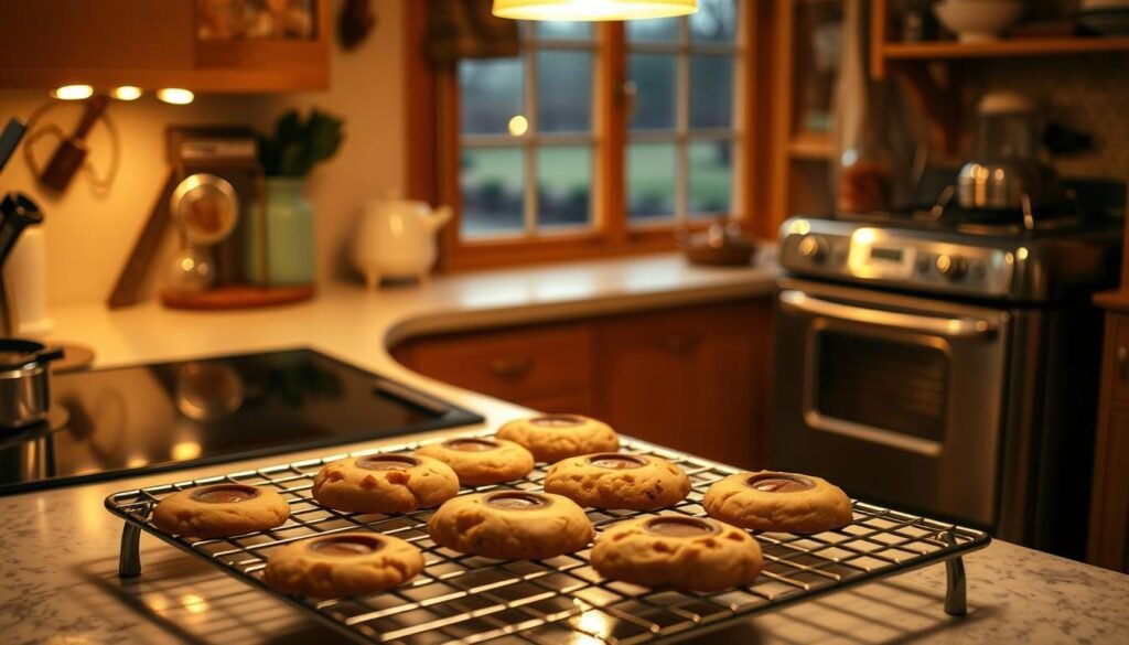 A cozy kitchen interior, with warm, golden lighting illuminating the scene. On a countertop, a batch of freshly baked cookies are cooling, their delectable aroma filling the air. In the foreground, a pair of hands carefully arranges the cookies on a wire rack, showcasing their perfectly crisp edges and soft, chewy centers. The background features a vintage oven, its chrome finish gleaming, and a window overlooking a serene backyard landscape. The overall atmosphere is one of comfort, nostalgia, and the joy of homemade baking. A cozy kitchen interior, with warm, golden lighting illuminating the scene. On a countertop, a batch of freshly baked cookies are cooling, their delectable aroma filling the air. In the foreground, a pair of hands carefully arranges the cookies on a wire rack, showcasing their perfectly crisp edges and soft, chewy centers. The background features a vintage oven, its chrome finish gleaming, and a window overlooking a serene backyard landscape. The overall atmosphere is one of comfort, nostalgia, and the joy of homemade baking.