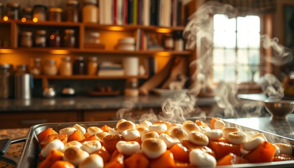 A cozy kitchen interior with warm, golden lighting. On the countertop, a baking sheet filled with candied yams, their surfaces caramelized and glistening. The yams are topped with a layer of toasted marshmallows, creating a delightful contrast of textures. Steam rises from the dish, adding to the inviting atmosphere. In the background, shelves lined with jars and cookbooks create a homey, lived-in feel. The overall scene evokes the comforting aroma and flavors of a traditional Thanksgiving feast. A cozy kitchen interior with warm, golden lighting. On the countertop, a baking sheet filled with candied yams, their surfaces caramelized and glistening. The yams are topped with a layer of toasted marshmallows, creating a delightful contrast of textures. Steam rises from the dish, adding to the inviting atmosphere. In the background, shelves lined with jars and cookbooks create a homey, lived-in feel. The overall scene evokes the comforting aroma and flavors of a traditional Thanksgiving feast.