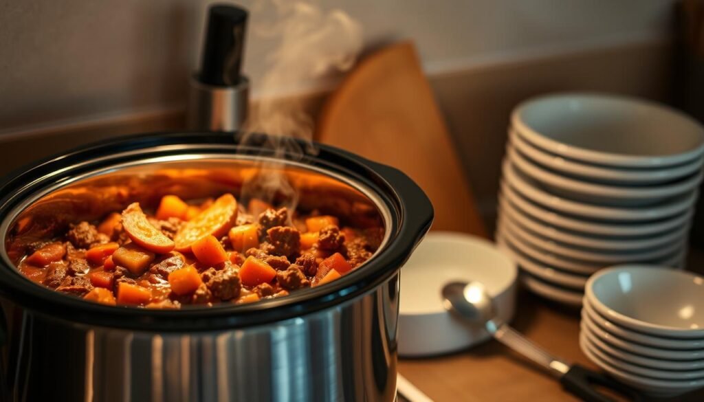 A cozy kitchen scene, the soft glow of a countertop crockpot illuminating a steaming bowl of chili. Diced tomatoes, ground beef, and aromatic spices simmer gently, their enticing aroma filling the air. The crockpot's stainless steel exterior reflects the warm, muted tones of the room, creating an inviting, homely atmosphere. Nearby, a stack of bowls and spoons awaits, ready to serve up the delicious leftovers. Overhead, a subtle, diffused lighting casts a comforting glow, complementing the scene's casual, comforting mood. The perfect image to accompany a guide on storing and reheating leftover chili for easy, satisfying meals. A cozy kitchen scene, the soft glow of a countertop crockpot illuminating a steaming bowl of chili. Diced tomatoes, ground beef, and aromatic spices simmer gently, their enticing aroma filling the air. The crockpot's stainless steel exterior reflects the warm, muted tones of the room, creating an inviting, homely atmosphere. Nearby, a stack of bowls and spoons awaits, ready to serve up the delicious leftovers. Overhead, a subtle, diffused lighting casts a comforting glow, complementing the scene's casual, comforting mood. The perfect image to accompany a guide on storing and reheating leftover chili for easy, satisfying meals.
