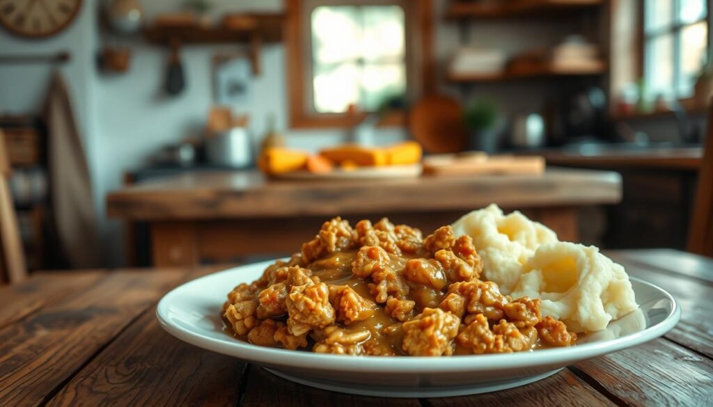 A cozy kitchen scene with a warm, inviting atmosphere. In the foreground, a plate of comfort food featuring tender, golden-brown ground chicken, simmered in a rich, savory gravy and served alongside a hearty helping of creamy mashed potatoes. The middle ground showcases a rustic wooden table, with a worn, weathered appearance, adding to the homey, relaxed vibe. In the background, a cheerful window lets in soft, natural lighting, casting a gentle glow over the scene. The overall mood is one of warmth, nourishment, and the comforting allure of home-cooked meals. A cozy kitchen scene with a warm, inviting atmosphere. In the foreground, a plate of comfort food featuring tender, golden-brown ground chicken, simmered in a rich, savory gravy and served alongside a hearty helping of creamy mashed potatoes. The middle ground showcases a rustic wooden table, with a worn, weathered appearance, adding to the homey, relaxed vibe. In the background, a cheerful window lets in soft, natural lighting, casting a gentle glow over the scene. The overall mood is one of warmth, nourishment, and the comforting allure of home-cooked meals.