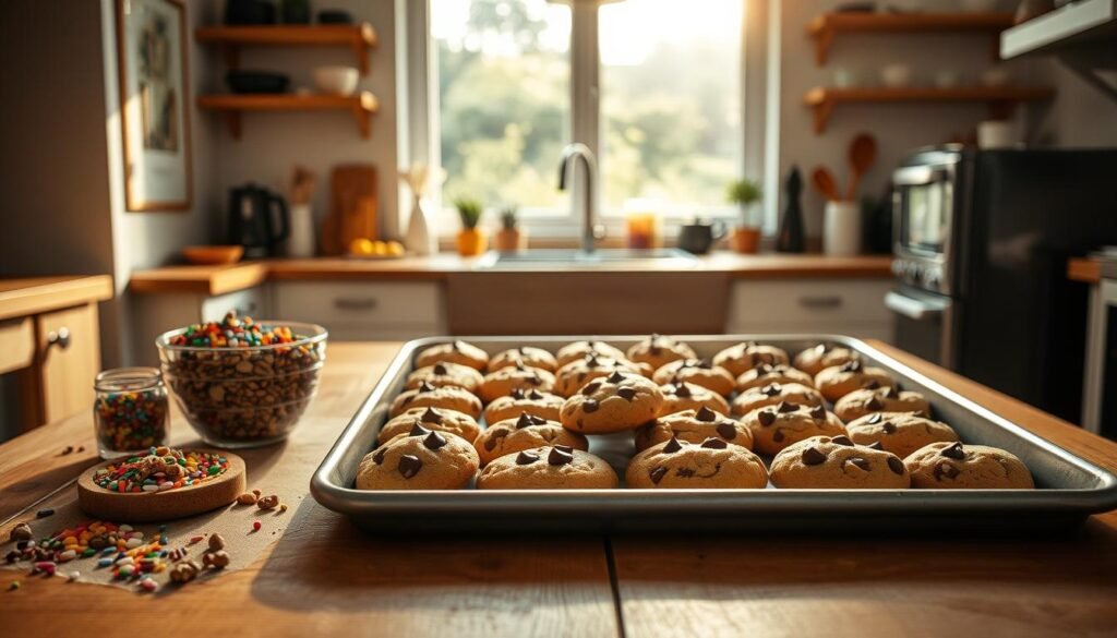 A cozy kitchen setting, with a large wooden table in the foreground, showcasing a baking tray filled with freshly baked Nestle chocolate chip cookies. Nearby, a collection of colorful sprinkles, crushed nuts, and drizzled chocolate sauces, inviting the viewer to customize and decorate the cookies. Warm, soft lighting emanates from overhead, casting a delightful glow on the scene. In the background, a kitchen window offers a glimpse of a sun-dappled garden, adding to the inviting and homely atmosphere. The overall mood is one of creativity, indulgence, and the comfort of a well-loved recipe. A cozy kitchen setting, with a large wooden table in the foreground, showcasing a baking tray filled with freshly baked Nestle chocolate chip cookies. Nearby, a collection of colorful sprinkles, crushed nuts, and drizzled chocolate sauces, inviting the viewer to customize and decorate the cookies. Warm, soft lighting emanates from overhead, casting a delightful glow on the scene. In the background, a kitchen window offers a glimpse of a sun-dappled garden, adding to the inviting and homely atmosphere. The overall mood is one of creativity, indulgence, and the comfort of a well-loved recipe.