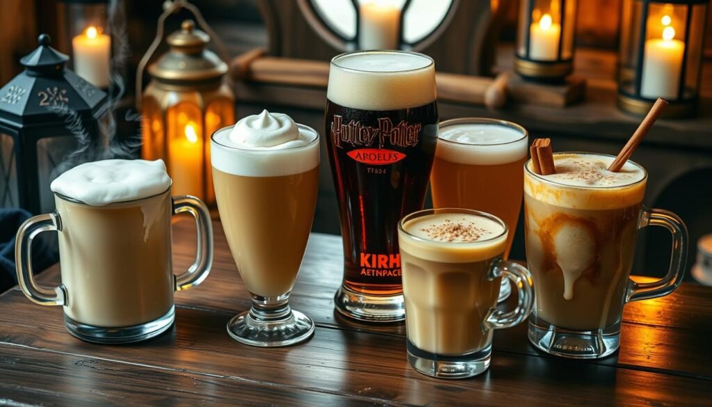 A cozy, rustic scene of various Butterbeer variations: a steaming mug of classic Butterbeer with a thick, creamy head; a chilled glass of Butterbeer float with a scoop of vanilla ice cream; a pint of Butterbeer-infused ale with a frothy top; and a winter-inspired Butterbeer hot toddy, complete with a cinnamon stick and a dusting of nutmeg. The drinks are arranged on a wooden table, surrounded by a warm, golden glow from nearby lanterns. The atmosphere evokes a sense of comfort and indulgence, perfectly capturing the essence of the "Variations on the Classic Butterbeer" section. A cozy, rustic scene of various Butterbeer variations: a steaming mug of classic Butterbeer with a thick, creamy head; a chilled glass of Butterbeer float with a scoop of vanilla ice cream; a pint of Butterbeer-infused ale with a frothy top; and a winter-inspired Butterbeer hot toddy, complete with a cinnamon stick and a dusting of nutmeg. The drinks are arranged on a wooden table, surrounded by a warm, golden glow from nearby lanterns. The atmosphere evokes a sense of comfort and indulgence, perfectly capturing the essence of the "Variations on the Classic Butterbeer" section.