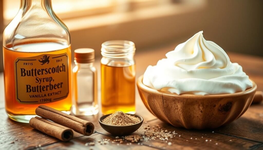 A cozy still life of the key ingredients for Butterbeer: a glass bottle of butterscotch syrup, a small jar of vanilla extract, a cinnamon stick, a sprinkle of nutmeg, and a dollop of creamy whipped topping. The items are arranged on a rustic wooden table, bathed in warm, golden light. The scene evokes the comforting and magical atmosphere of the Wizarding World, inviting the viewer to imagine sipping the sweet, frothy Butterbeer. A cozy still life of the key ingredients for Butterbeer: a glass bottle of butterscotch syrup, a small jar of vanilla extract, a cinnamon stick, a sprinkle of nutmeg, and a dollop of creamy whipped topping. The items are arranged on a rustic wooden table, bathed in warm, golden light. The scene evokes the comforting and magical atmosphere of the Wizarding World, inviting the viewer to imagine sipping the sweet, frothy Butterbeer.