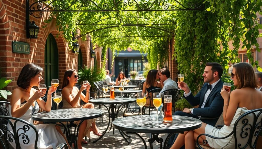 A cozy, sun-dappled outdoor cafe with lush greenery and ornate iron tables. Elegant patrons sip on refreshing Hugo Spritz cocktails, the effervescent mixture of Prosecco, elderflower, and citrus creating a vibrant, summery ambiance. Brick walls and cobblestone floors lend a charming, old-world character, while soft lighting and plush cushions invite guests to linger. A wrought-iron trellis overflows with trailing vines, casting dappled shadows across the scene. The overall mood is one of relaxed sophistication, perfectly capturing the essence of enjoying a Hugo Spritz in a picturesque European setting. A cozy, sun-dappled outdoor cafe with lush greenery and ornate iron tables. Elegant patrons sip on refreshing Hugo Spritz cocktails, the effervescent mixture of Prosecco, elderflower, and citrus creating a vibrant, summery ambiance. Brick walls and cobblestone floors lend a charming, old-world character, while soft lighting and plush cushions invite guests to linger. A wrought-iron trellis overflows with trailing vines, casting dappled shadows across the scene. The overall mood is one of relaxed sophistication, perfectly capturing the essence of enjoying a Hugo Spritz in a picturesque European setting.