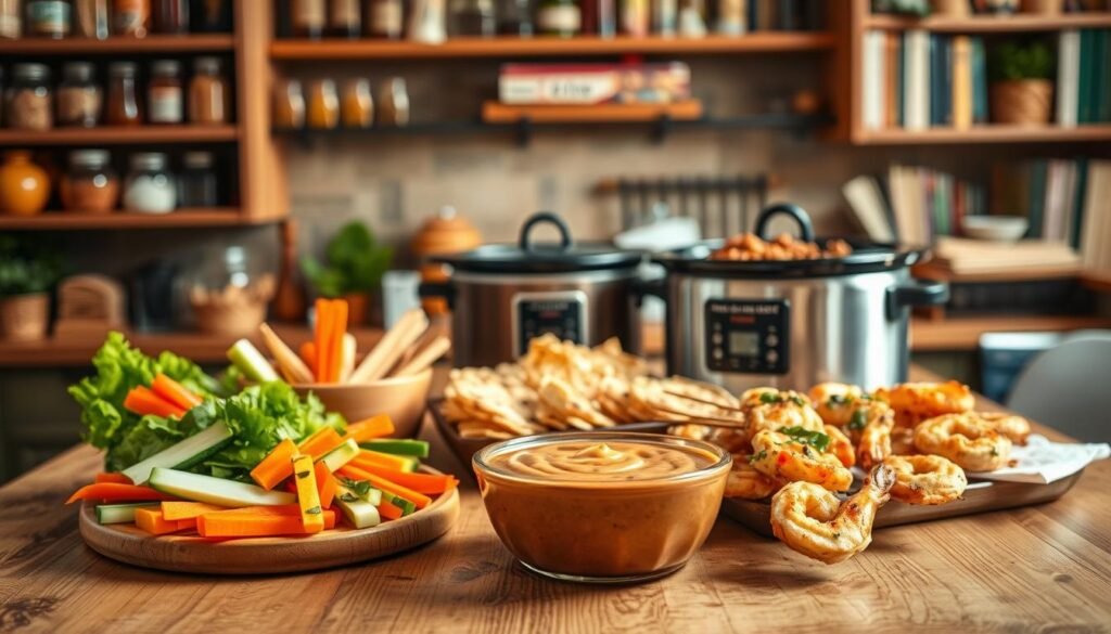 A cozy, well-lit kitchen setting with a wooden table in the foreground. On the table, an assortment of pairings for peanut sauce - fresh vegetables like carrots, cucumber, and bell peppers, alongside crispy toasted pita bread and skewers of grilled chicken or shrimp. In the middle ground, a slow cooker filled with chili simmers, its aroma wafting through the scene. The background features shelves filled with spices, herbs, and cookbooks, evoking a warm, inviting atmosphere. The lighting is soft and natural, highlighting the vibrant colors and textures of the food. The overall mood is one of comfort, culinary creativity, and the perfect pairing of peanut sauce with an array of tasty accompaniments. A cozy, well-lit kitchen setting with a wooden table in the foreground. On the table, an assortment of pairings for peanut sauce - fresh vegetables like carrots, cucumber, and bell peppers, alongside crispy toasted pita bread and skewers of grilled chicken or shrimp. In the middle ground, a slow cooker filled with chili simmers, its aroma wafting through the scene. The background features shelves filled with spices, herbs, and cookbooks, evoking a warm, inviting atmosphere. The lighting is soft and natural, highlighting the vibrant colors and textures of the food. The overall mood is one of comfort, culinary creativity, and the perfect pairing of peanut sauce with an array of tasty accompaniments.