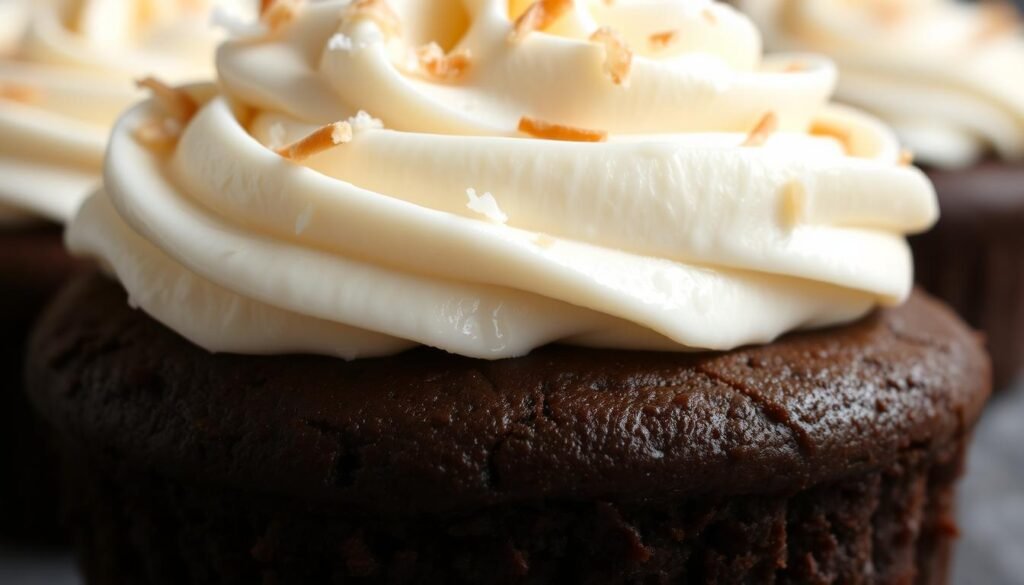 A creamy, luscious mound of coconut frosting, glistening with a light sheen under soft, diffused lighting. The frosting has a smooth, velvety texture, with flecks of fresh shredded coconut adding delicate crunch and visual interest. The frosting is piled high on a dark, moist chocolate cake, the two flavors complementing each other perfectly. The scene is captured from a low angle, emphasizing the tempting, indulgent nature of this coconut-infused treat. The background is blurred, keeping the focus solely on the decadent frosting and its mouthwatering presentation.