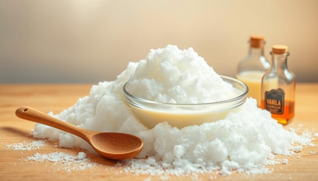 A crisp, well-lit tabletop scene showcasing the ingredients for snow cream: a pile of fresh snow, a glass bowl of sweetened condensed milk, a wooden spoon, and a jar of vanilla extract. Warm, soft lighting casts a comforting glow, accentuating the natural textures and colors. The arrangement is thoughtfully composed, with the ingredients neatly organized and the snow glistening as if freshly fallen. This harmonious still life evokes the nostalgia and simplicity of a homemade winter treat. A crisp, well-lit tabletop scene showcasing the ingredients for snow cream: a pile of fresh snow, a glass bowl of sweetened condensed milk, a wooden spoon, and a jar of vanilla extract. Warm, soft lighting casts a comforting glow, accentuating the natural textures and colors. The arrangement is thoughtfully composed, with the ingredients neatly organized and the snow glistening as if freshly fallen. This harmonious still life evokes the nostalgia and simplicity of a homemade winter treat.