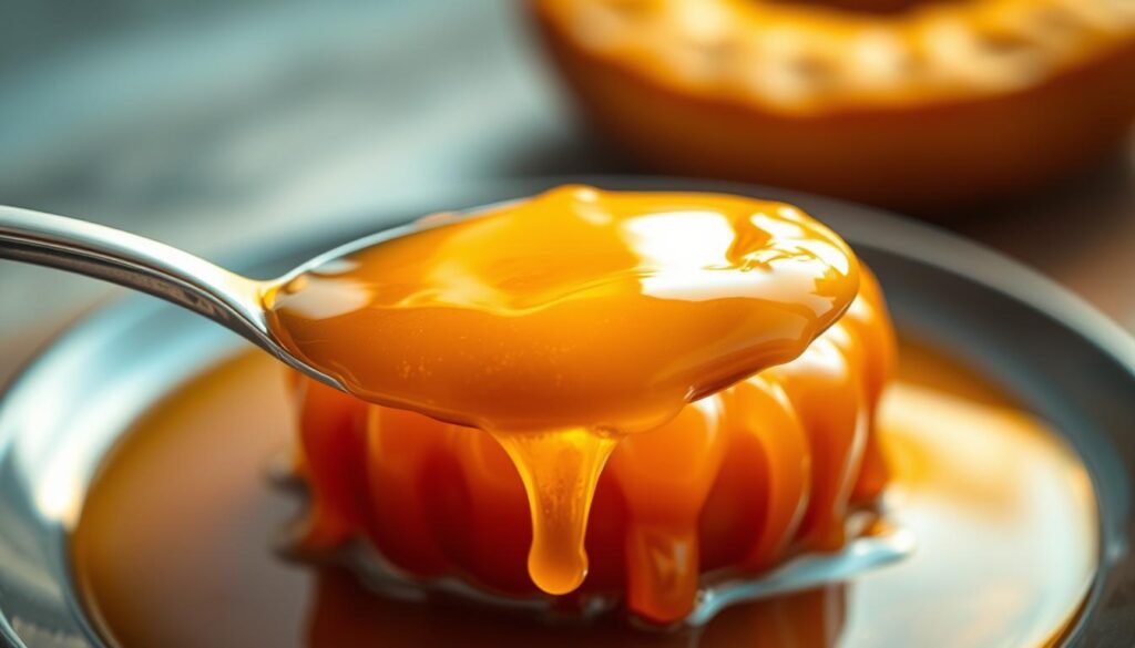 A crystalline pool of amber-hued candied yam syrup, glistening under a warm, golden light. Molten rivulets cascade down the sides, revealing a dense, sticky texture. In the foreground, a spoon dips into the syrup, capturing its viscous essence. The background is blurred, allowing the syrup to take center stage, its aroma wafting through the air. The scene is captured with a shallow depth of field, drawing the viewer's focus to the tantalizing sweetness of the syrup, a perfect complement to a homemade bagel. A crystalline pool of amber-hued candied yam syrup, glistening under a warm, golden light. Molten rivulets cascade down the sides, revealing a dense, sticky texture. In the foreground, a spoon dips into the syrup, capturing its viscous essence. The background is blurred, allowing the syrup to take center stage, its aroma wafting through the air. The scene is captured with a shallow depth of field, drawing the viewer's focus to the tantalizing sweetness of the syrup, a perfect complement to a homemade bagel.