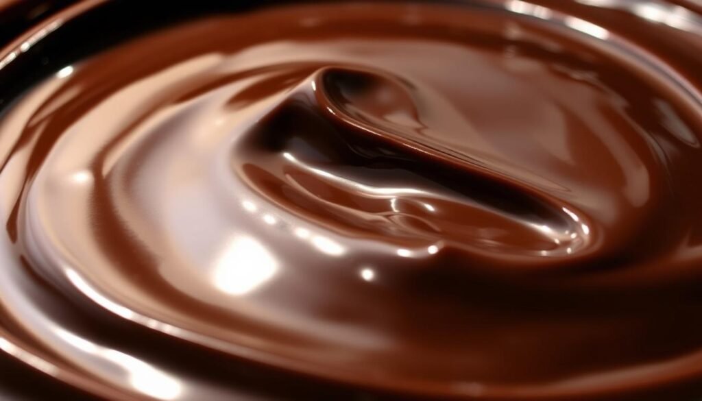 A decadent, glossy chocolate ganache, freshly poured and glistening under a soft, natural light. The velvety smooth texture is accentuated by its rich, dark chocolate hue, inviting a sensory indulgence. Captured from an angled perspective, the ganache fills the frame, its gleaming surface reflecting the surroundings in a captivating play of light and shadow. The background is subtly blurred, allowing the viewer to focus solely on the alluring, sumptuous appearance of this essential component of the perfect chocolate dessert.