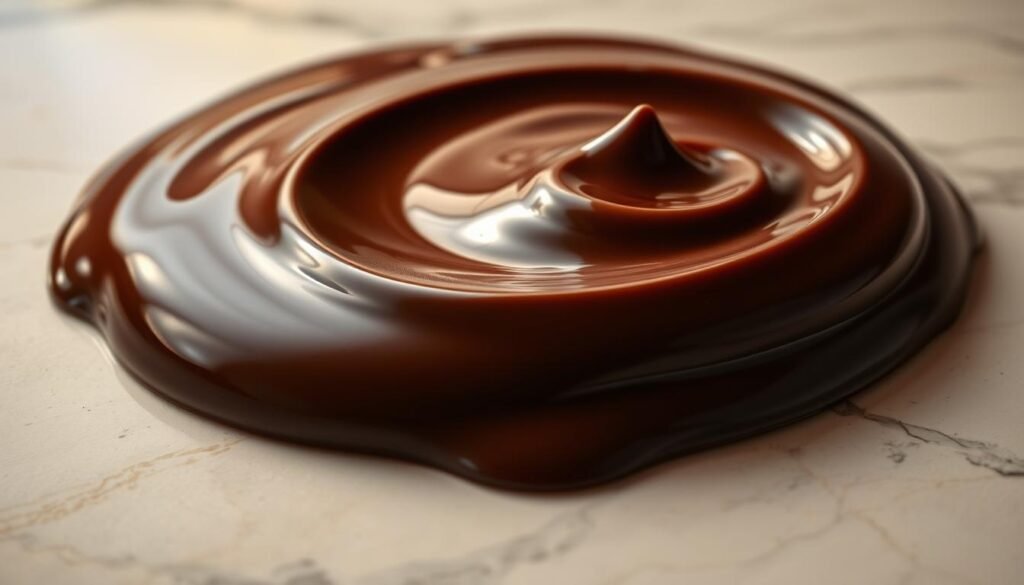 A decadent, glossy chocolate ganache glistens under the warm, soft lighting of a polished marble countertop. The smooth, silky texture is highlighted by subtle shadows that reveal the depth and richness of the chocolate. Delicate swirls and peaks add visual interest, inviting the viewer to imagine the indulgent, velvety mouthfeel. The ganache is presented simply, allowing its luxurious essence to shine without distractions, embodying the essence of a perfect, no-fuss dessert that satisfies even the most discerning carnivorous palate.