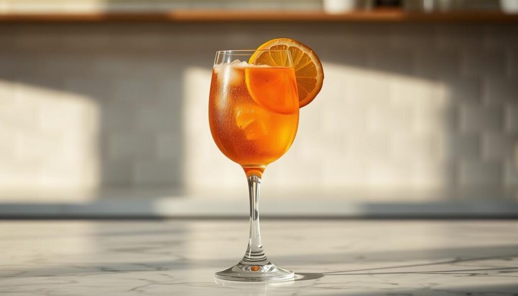 A delectable Hugo Spritz cocktail, presented on a marble countertop with a crisp, refreshing garnish. The glass is filled to the brim with a vibrant, fizzy mixture of prosecco, Aperol, and a twist of orange. Soft, natural lighting casts a warm, inviting glow, highlighting the drink's alluring color and gentle effervescence. In the background, a minimalist, tiled backsplash complements the clean, modern aesthetic. The entire scene exudes a sense of relaxation and indulgence, perfectly capturing the spirit of the Hugo Spritz recipe. A delectable Hugo Spritz cocktail, presented on a marble countertop with a crisp, refreshing garnish. The glass is filled to the brim with a vibrant, fizzy mixture of prosecco, Aperol, and a twist of orange. Soft, natural lighting casts a warm, inviting glow, highlighting the drink's alluring color and gentle effervescence. In the background, a minimalist, tiled backsplash complements the clean, modern aesthetic. The entire scene exudes a sense of relaxation and indulgence, perfectly capturing the spirit of the Hugo Spritz recipe.