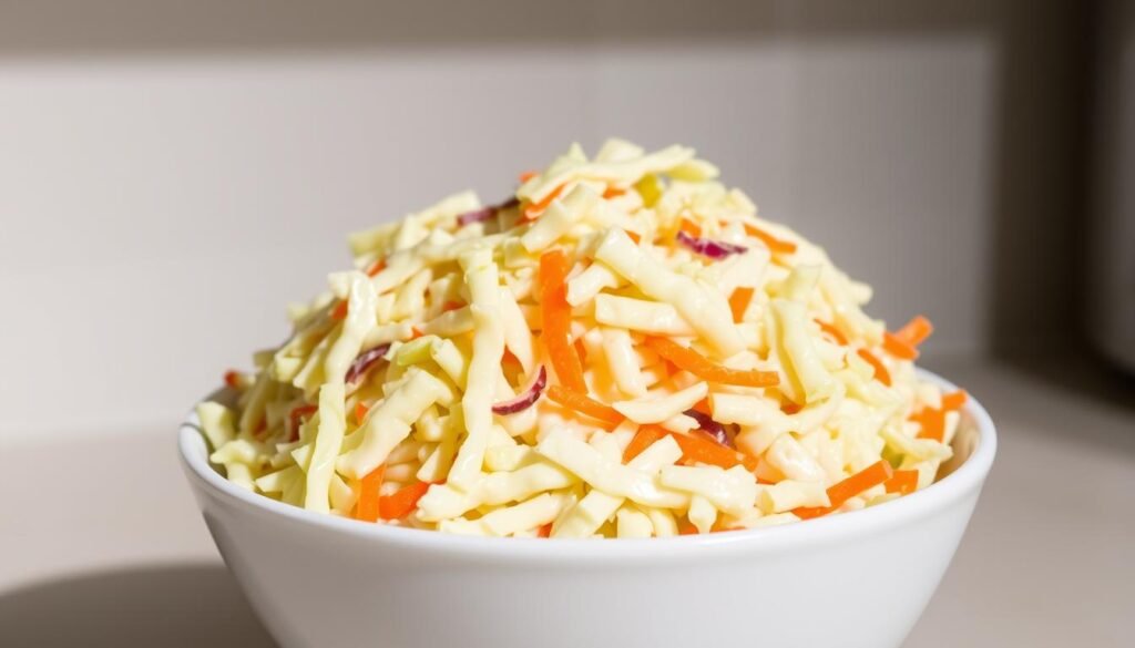 A delectable bowl of KFC-style coleslaw sits center frame, its creamy white dressing glistening under soft, natural lighting. Shredded cabbage and carrots are neatly arranged, creating a visually appealing composition. The coleslaw appears fresh, with a hint of crunch, conveying a sense of homemade authenticity. The background is a simple, slightly blurred kitchen counter, lending a sense of domestic setting. The overall mood is one of casual comfort and culinary delight, perfectly complementing the "Common Mistakes to Avoid" section of the "Easy Hot Honey Recipe" article. A delectable bowl of KFC-style coleslaw sits center frame, its creamy white dressing glistening under soft, natural lighting. Shredded cabbage and carrots are neatly arranged, creating a visually appealing composition. The coleslaw appears fresh, with a hint of crunch, conveying a sense of homemade authenticity. The background is a simple, slightly blurred kitchen counter, lending a sense of domestic setting. The overall mood is one of casual comfort and culinary delight, perfectly complementing the "Common Mistakes to Avoid" section of the "Easy Hot Honey Recipe" article.