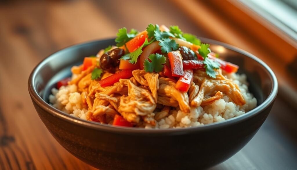 A delectable chipotle chicken bowl, featuring a bed of fluffy brown rice, tender shredded chicken simmered in a smoky, spicy chipotle sauce, topped with a colorful medley of sautéed bell peppers, onions, and fresh cilantro. The bowl is illuminated by warm, natural lighting, casting a cozy, inviting glow. The camera angle is slightly elevated, giving a tantalizing, three-dimensional perspective of the dish. The overall mood is one of comfort and nourishment, perfectly complementing the "Making it a Complete Meal" section of the "Homemade Bone Broth" article.