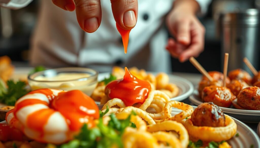A delectable close-up of various ingredients being used in a recipe, showcasing the versatility of cocktail sauce. In the foreground, a dollop of thick, tangy cocktail sauce sits atop a juicy grilled shrimp, its vibrant red hue accentuated by warm lighting. In the middle ground, a chef's hands carefully drizzle the sauce over a plate of crisp fried calamari, while in the background, a range of other dishes featuring the sauce, such as a creamy seafood dip and a spicy meatball appetizer, are visible. The scene is captured with a shallow depth of field, drawing the viewer's attention to the intricate interplay of textures and flavors. The overall mood is one of culinary creativity and the excitement of discovering new ways to incorporate this versatile condiment into a variety of delectable dishes. A delectable close-up of various ingredients being used in a recipe, showcasing the versatility of cocktail sauce. In the foreground, a dollop of thick, tangy cocktail sauce sits atop a juicy grilled shrimp, its vibrant red hue accentuated by warm lighting. In the middle ground, a chef's hands carefully drizzle the sauce over a plate of crisp fried calamari, while in the background, a range of other dishes featuring the sauce, such as a creamy seafood dip and a spicy meatball appetizer, are visible. The scene is captured with a shallow depth of field, drawing the viewer's attention to the intricate interplay of textures and flavors. The overall mood is one of culinary creativity and the excitement of discovering new ways to incorporate this versatile condiment into a variety of delectable dishes.