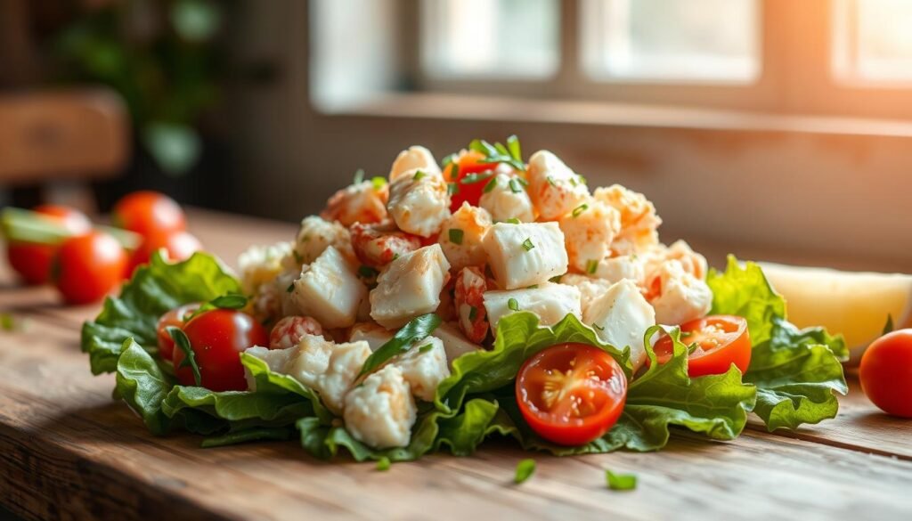 A delectable lobster salad, meticulously prepared with tender chunks of succulent lobster meat, nestled atop a bed of crisp romaine lettuce. Garnished with vibrant cherry tomatoes, crunchy celery stalks, and a sprinkle of fresh chives, all dressed in a light, tangy lemon vinaigrette. The scene is set against a backdrop of a rustic wooden table, bathed in the warm glow of natural light filtered through a window, casting a soft, inviting atmosphere. The overall composition evokes a sense of simplicity and freshness, perfectly capturing the essence of a classic Italian-inspired lobster salad. A delectable lobster salad, meticulously prepared with tender chunks of succulent lobster meat, nestled atop a bed of crisp romaine lettuce. Garnished with vibrant cherry tomatoes, crunchy celery stalks, and a sprinkle of fresh chives, all dressed in a light, tangy lemon vinaigrette. The scene is set against a backdrop of a rustic wooden table, bathed in the warm glow of natural light filtered through a window, casting a soft, inviting atmosphere. The overall composition evokes a sense of simplicity and freshness, perfectly capturing the essence of a classic Italian-inspired lobster salad.