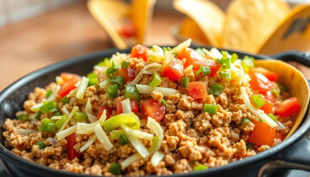 A delectable pile of freshly ground chicken, sizzling in a cast-iron skillet, adorned with a vibrant medley of diced tomatoes, crisp shreds of iceberg lettuce, and a sprinkling of shredded cheddar cheese. The aroma of sautéed onions and garlic wafts through the air, complemented by the tantalizing scent of fragrant spices. In the background, warm, golden-brown taco shells stand at the ready, their crisp, inviting texture beckoning to be filled with this mouthwatering ground chicken mixture. Soft natural lighting casts a warm glow, creating a cozy, homemade ambiance, perfect for a casual family taco night. A delectable pile of freshly ground chicken, sizzling in a cast-iron skillet, adorned with a vibrant medley of diced tomatoes, crisp shreds of iceberg lettuce, and a sprinkling of shredded cheddar cheese. The aroma of sautéed onions and garlic wafts through the air, complemented by the tantalizing scent of fragrant spices. In the background, warm, golden-brown taco shells stand at the ready, their crisp, inviting texture beckoning to be filled with this mouthwatering ground chicken mixture. Soft natural lighting casts a warm glow, creating a cozy, homemade ambiance, perfect for a casual family taco night.
