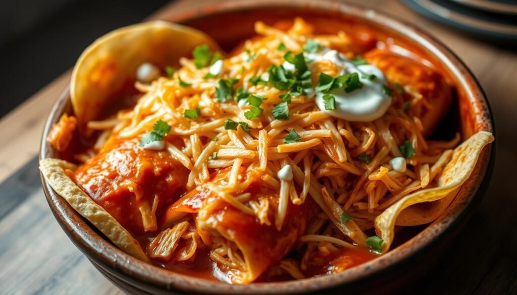 A delectable plate of shredded chicken enchiladas, nestled in a bed of melted cheese and tangy enchilada sauce. The tender chicken is shredded to perfection, its strands glistening under the warm glow of a softly lit kitchen. Crisp tortillas cradle the filling, their edges curled and golden brown. Drizzles of creamy sour cream and sprinkling of chopped cilantro add a fresh, vibrant contrast. The enchiladas are presented in a rustic, earthenware dish, highlighting the homemade, comforting nature of this classic dish. Soft, diffused lighting casts a cozy, inviting atmosphere, perfect for savoring every bite of this irresistible holiday treat. A delectable plate of shredded chicken enchiladas, nestled in a bed of melted cheese and tangy enchilada sauce. The tender chicken is shredded to perfection, its strands glistening under the warm glow of a softly lit kitchen. Crisp tortillas cradle the filling, their edges curled and golden brown. Drizzles of creamy sour cream and sprinkling of chopped cilantro add a fresh, vibrant contrast. The enchiladas are presented in a rustic, earthenware dish, highlighting the homemade, comforting nature of this classic dish. Soft, diffused lighting casts a cozy, inviting atmosphere, perfect for savoring every bite of this irresistible holiday treat.