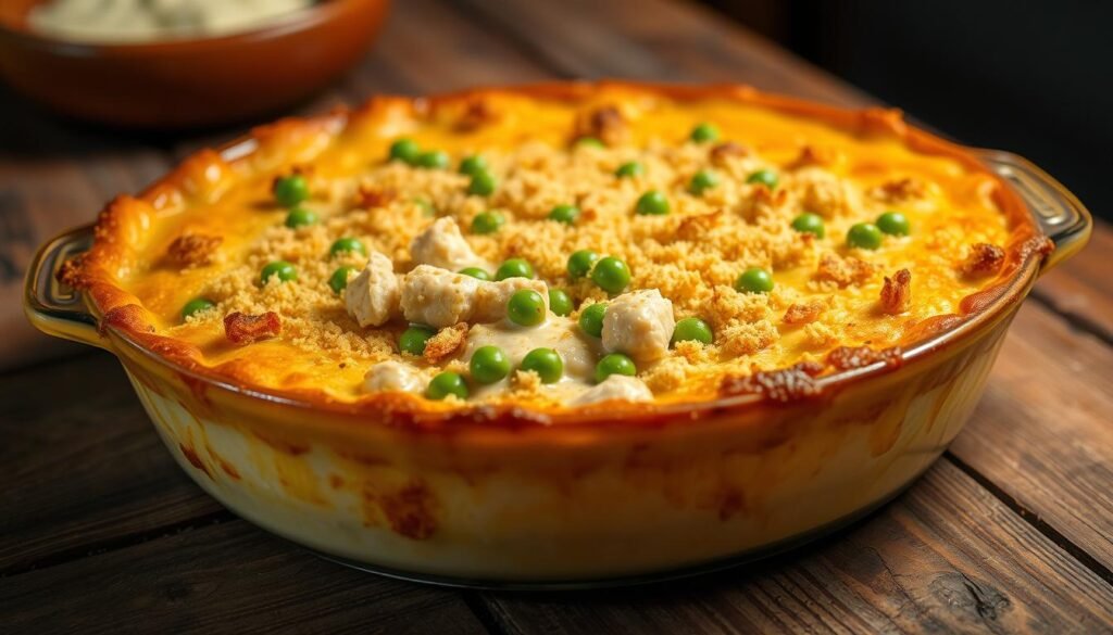 A delectable tuna casserole, fresh from the oven, sits center stage on a rustic wooden table. The casserole's golden-brown crust glistens, inviting a closer look. Tender flakes of tuna are nestled in a creamy, savory sauce, dotted with vibrant peas and crunchy breadcrumbs. Warm, ambient lighting casts a cozy glow, highlighting the casserole's comforting appeal. The scene is captured in a sharp, high-resolution photograph, showcasing the dish's mouthwatering details and enticing the viewer to dive in and savor every bite. A delectable tuna casserole, fresh from the oven, sits center stage on a rustic wooden table. The casserole's golden-brown crust glistens, inviting a closer look. Tender flakes of tuna are nestled in a creamy, savory sauce, dotted with vibrant peas and crunchy breadcrumbs. Warm, ambient lighting casts a cozy glow, highlighting the casserole's comforting appeal. The scene is captured in a sharp, high-resolution photograph, showcasing the dish's mouthwatering details and enticing the viewer to dive in and savor every bite.