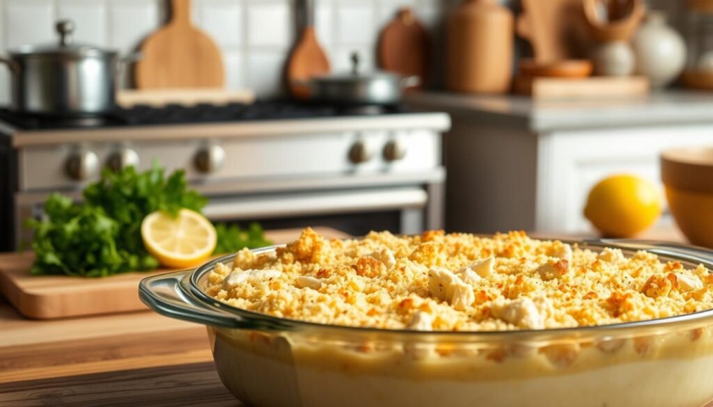 A delectable tuna casserole set against a warm, homey kitchen backdrop. In the foreground, a casserole dish overflows with flaky tuna, creamy sauce, and buttery breadcrumb topping, illuminated by soft, golden lighting. In the middle ground, a cutting board with freshly chopped parsley and lemon wedges, conveying the fresh flavors that elevate the dish. The background features a vintage oven, pewter cookware, and natural wood accents, creating a cozy, rustic atmosphere. The overall scene invites the viewer to imagine the comforting aroma and satisfying textures of the perfect tuna casserole. A delectable tuna casserole set against a warm, homey kitchen backdrop. In the foreground, a casserole dish overflows with flaky tuna, creamy sauce, and buttery breadcrumb topping, illuminated by soft, golden lighting. In the middle ground, a cutting board with freshly chopped parsley and lemon wedges, conveying the fresh flavors that elevate the dish. The background features a vintage oven, pewter cookware, and natural wood accents, creating a cozy, rustic atmosphere. The overall scene invites the viewer to imagine the comforting aroma and satisfying textures of the perfect tuna casserole.