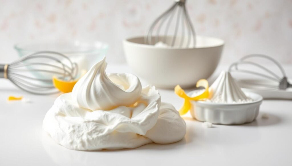 A delicate arrangement of meringue ingredients on a pristine white surface, bathed in soft, natural lighting. In the foreground, a pile of fresh egg whites, their peaks gently curling. Alongside, a bowl of fine, granulated sugar and a zest of lemon, adding a hint of citrus. In the middle ground, a whisk and a hand mixer, tools of the trade for this delicate dessert. The background features a pastel-hued, textured backdrop, complementing the purity of the ingredients. The overall composition exudes a sense of lightness, simplicity, and culinary expertise, perfectly capturing the essence of "Essential Ingredients for Meringue." A delicate arrangement of meringue ingredients on a pristine white surface, bathed in soft, natural lighting. In the foreground, a pile of fresh egg whites, their peaks gently curling. Alongside, a bowl of fine, granulated sugar and a zest of lemon, adding a hint of citrus. In the middle ground, a whisk and a hand mixer, tools of the trade for this delicate dessert. The background features a pastel-hued, textured backdrop, complementing the purity of the ingredients. The overall composition exudes a sense of lightness, simplicity, and culinary expertise, perfectly capturing the essence of "Essential Ingredients for Meringue."