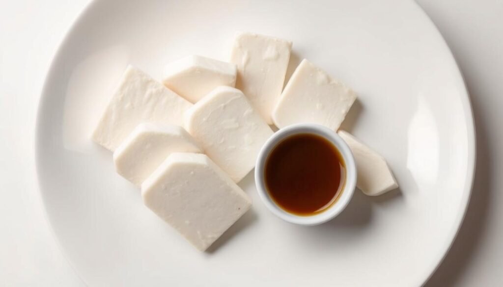 A delicate arrangement of silky tofu slices, carefully placed on a sleek white plate. The tofu glistens under the soft, diffused lighting, creating an inviting and appetizing presentation. Alongside, a small bowl of savory dipping sauce sits, its deep brown hue contrasting beautifully with the pale ivory of the tofu. The layout is simple yet elegant, with a minimalist aesthetic that draws the eye to the star of the show - the fresh, high-quality tauhu. The overall composition evokes a sense of refinement and thoughtfulness, perfect for a healthful, refreshing meal. A delicate arrangement of silky tofu slices, carefully placed on a sleek white plate. The tofu glistens under the soft, diffused lighting, creating an inviting and appetizing presentation. Alongside, a small bowl of savory dipping sauce sits, its deep brown hue contrasting beautifully with the pale ivory of the tofu. The layout is simple yet elegant, with a minimalist aesthetic that draws the eye to the star of the show - the fresh, high-quality tauhu. The overall composition evokes a sense of refinement and thoughtfulness, perfect for a healthful, refreshing meal.