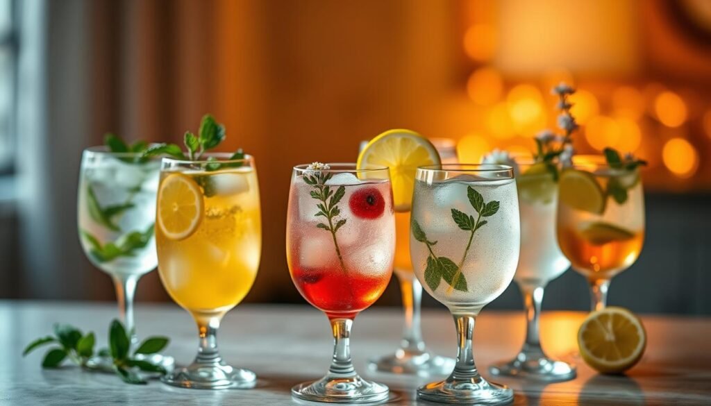 A delicate arrangement of various Hugo Spritz cocktails, garnished with fresh mint sprigs, lemon slices, and elderflowers. The glasses are set against a soft, out-of-focus background, illuminated by warm, golden lighting, casting a cozy, inviting atmosphere. The composition emphasizes the vibrant colors and elegant presentation of these refreshing, fizzy libations. The scene is captured with a shallow depth of field, gently blurring the background to draw the viewer's attention to the captivating assortment of Hugo Spritz variations. A delicate arrangement of various Hugo Spritz cocktails, garnished with fresh mint sprigs, lemon slices, and elderflowers. The glasses are set against a soft, out-of-focus background, illuminated by warm, golden lighting, casting a cozy, inviting atmosphere. The composition emphasizes the vibrant colors and elegant presentation of these refreshing, fizzy libations. The scene is captured with a shallow depth of field, gently blurring the background to draw the viewer's attention to the captivating assortment of Hugo Spritz variations.