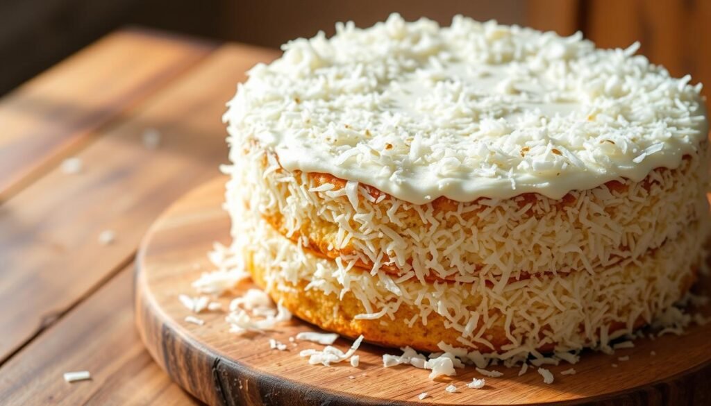 A delicate, golden-brown coconut cake sits atop a wooden board, its layers gently stacked and frosted with a luscious coconut-infused buttercream. Fresh coconut flakes cascade over the sides, creating a visually striking and texturally enticing presentation. The lighting is soft and natural, casting a warm, inviting glow on the scene. The camera angle is slightly elevated, allowing the viewer to admire the careful assembly and the intricate details of the cake. The overall atmosphere is one of homemade elegance, inviting the viewer to imagine the moist, flavorful texture and the irresistible aroma of this coconut confection.