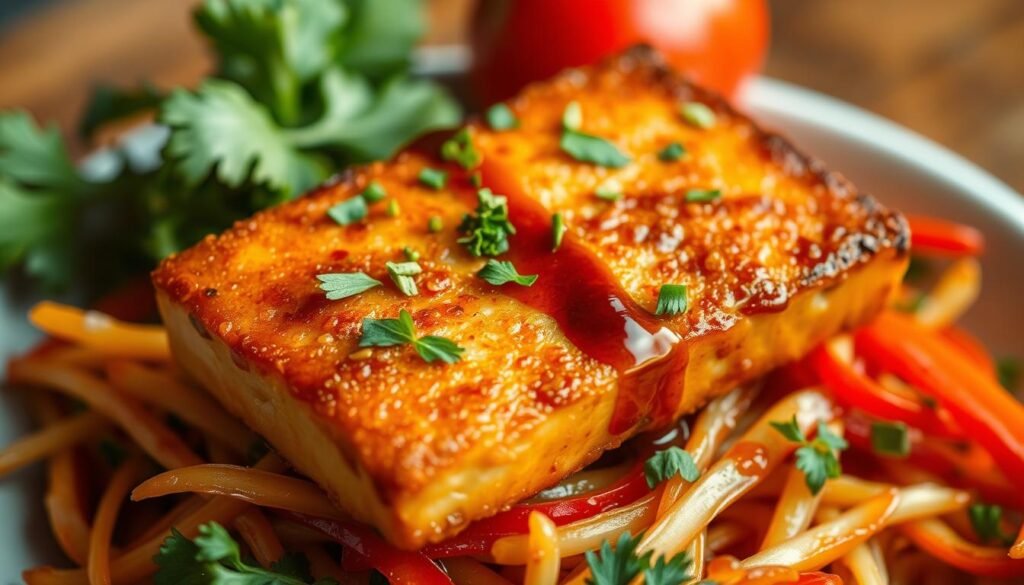 A delicately fried slab of golden-brown tofu, resting atop a vibrant bed of crisp vegetables. The tofu's surface glistens under the warm, soft lighting, inviting a satisfying bite. A scattering of fresh herbs and a drizzle of savory Szechuan sauce adorn the dish, creating a harmonious blend of textures and flavors. The scene is captured from a slightly elevated angle, allowing the viewer to appreciate the intricate details and the overall appetizing presentation. This Szechuan Tauhu dish exudes a sense of refreshing sophistication, perfectly complementing the healthier approach to the classic margarita recipe. A delicately fried slab of golden-brown tofu, resting atop a vibrant bed of crisp vegetables. The tofu's surface glistens under the warm, soft lighting, inviting a satisfying bite. A scattering of fresh herbs and a drizzle of savory Szechuan sauce adorn the dish, creating a harmonious blend of textures and flavors. The scene is captured from a slightly elevated angle, allowing the viewer to appreciate the intricate details and the overall appetizing presentation. This Szechuan Tauhu dish exudes a sense of refreshing sophistication, perfectly complementing the healthier approach to the classic margarita recipe.