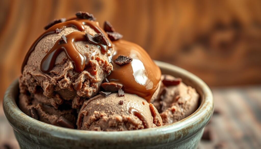 A deliciously creamy chocolate ice cream, served in a rustic ceramic bowl against a backdrop of warm, rich wood tones. The ice cream glistens under soft, natural lighting, with a decadent swirl of fudge topping and a scattering of shaved chocolate curls. The scene exudes an air of indulgence and comforting elegance, perfectly capturing the essence of an irresistible homemade chocolate ice cream recipe. A deliciously creamy chocolate ice cream, served in a rustic ceramic bowl against a backdrop of warm, rich wood tones. The ice cream glistens under soft, natural lighting, with a decadent swirl of fudge topping and a scattering of shaved chocolate curls. The scene exudes an air of indulgence and comforting elegance, perfectly capturing the essence of an irresistible homemade chocolate ice cream recipe.