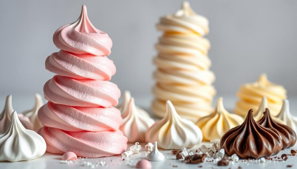 A delightful assortment of meringue flavors, showcased in a mouthwatering display. In the foreground, a tower of crisp, cloud-like meringue kisses in a vibrant array of pastel hues - vanilla, strawberry, lemon, and chocolate. Delicate swirls and peaks catch the soft, natural lighting, creating a captivating texture. In the middle ground, a scattering of meringue shards and crumbs, hinting at the irresistible crunch within. The background is a minimalist backdrop, allowing the meringues to take center stage and tantalize the senses. The overall atmosphere is one of elegance, indulgence, and the sweet, satisfying essence of a perfect meringue. A delightful assortment of meringue flavors, showcased in a mouthwatering display. In the foreground, a tower of crisp, cloud-like meringue kisses in a vibrant array of pastel hues - vanilla, strawberry, lemon, and chocolate. Delicate swirls and peaks catch the soft, natural lighting, creating a captivating texture. In the middle ground, a scattering of meringue shards and crumbs, hinting at the irresistible crunch within. The background is a minimalist backdrop, allowing the meringues to take center stage and tantalize the senses. The overall atmosphere is one of elegance, indulgence, and the sweet, satisfying essence of a perfect meringue.