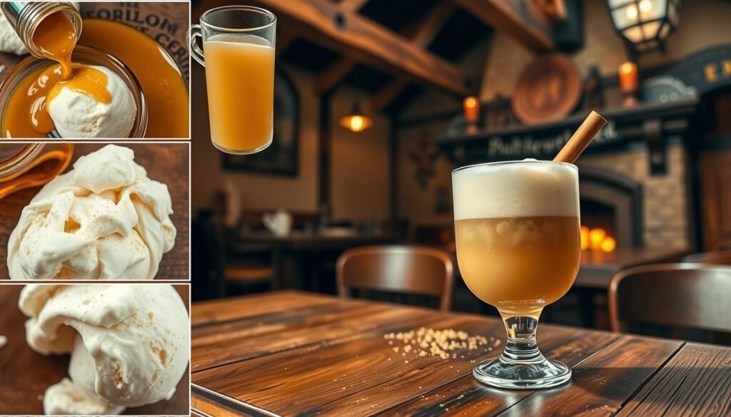 A detailed step-by-step guide for preparing a luscious Butterbeer recipe. In the foreground, a mosaic of close-up shots showcases the ingredients - golden butterscotch syrup, creamy vanilla ice cream, and frothy, amber-colored Butterbeer. In the middle ground, a wooden table holds a large glass filled with the magical Butterbeer beverage, garnished with a cinnamon stick and a scattering of edible golden glitter. The background features a warm, cozy interior with rustic wooden beams and a fireplace, evoking the inviting ambiance of a Hogwarts-inspired tavern. Soft, diffused lighting bathes the scene in a welcoming, nostalgic glow. Captured with a wide-angle lens to showcase the full step-by-step process. A detailed step-by-step guide for preparing a luscious Butterbeer recipe. In the foreground, a mosaic of close-up shots showcases the ingredients - golden butterscotch syrup, creamy vanilla ice cream, and frothy, amber-colored Butterbeer. In the middle ground, a wooden table holds a large glass filled with the magical Butterbeer beverage, garnished with a cinnamon stick and a scattering of edible golden glitter. The background features a warm, cozy interior with rustic wooden beams and a fireplace, evoking the inviting ambiance of a Hogwarts-inspired tavern. Soft, diffused lighting bathes the scene in a welcoming, nostalgic glow. Captured with a wide-angle lens to showcase the full step-by-step process.