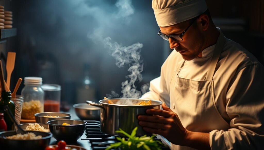 A dimly lit kitchen countertop, with various cooking utensils and ingredients scattered about. In the center, a saucepan simmers, steam rising, as a chef in a crisp white apron closely examines the contents, a thoughtful expression on their face. The background is hazy, with muted colors and shadows, creating a contemplative atmosphere as the chef troubleshoots the gravy, seeking the perfect consistency and flavor. Soft, warm lighting casts a gentle glow, highlighting the chef's concentration and the importance of getting this essential component of the taco dip just right. A dimly lit kitchen countertop, with various cooking utensils and ingredients scattered about. In the center, a saucepan simmers, steam rising, as a chef in a crisp white apron closely examines the contents, a thoughtful expression on their face. The background is hazy, with muted colors and shadows, creating a contemplative atmosphere as the chef troubleshoots the gravy, seeking the perfect consistency and flavor. Soft, warm lighting casts a gentle glow, highlighting the chef's concentration and the importance of getting this essential component of the taco dip just right.