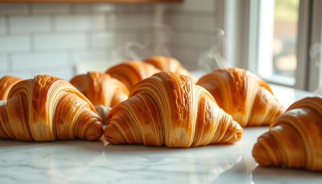 A fresh batch of golden-brown, flaky croissants sits on a pristine white marble countertop, illuminated by warm, natural light filtering through a nearby window. The croissants' layers have been meticulously crafted, each one delicately folded and baked to perfection, creating a stunning, mouthwatering display. Wispy steam gently rises from the pastries, hinting at their tender, buttery interiors. The scene exudes a sense of culinary mastery, inviting the viewer to imagine the delightful crunch and rich, flavorful experience of savoring these exceptional croissants. A fresh batch of golden-brown, flaky croissants sits on a pristine white marble countertop, illuminated by warm, natural light filtering through a nearby window. The croissants' layers have been meticulously crafted, each one delicately folded and baked to perfection, creating a stunning, mouthwatering display. Wispy steam gently rises from the pastries, hinting at their tender, buttery interiors. The scene exudes a sense of culinary mastery, inviting the viewer to imagine the delightful crunch and rich, flavorful experience of savoring these exceptional croissants.