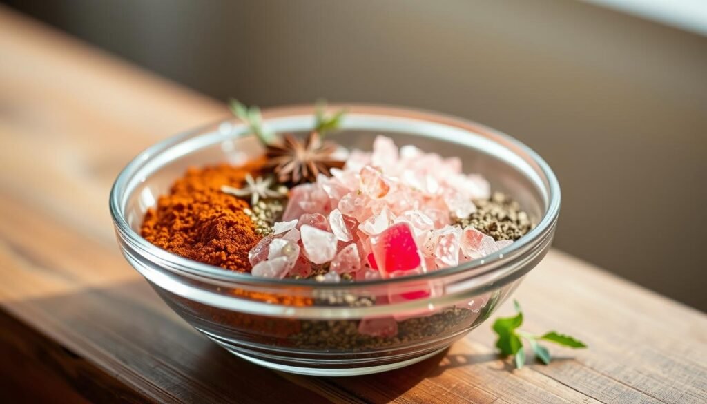 A glass bowl filled with various spices and herbs, including vibrant pink salt crystals, sits atop a wooden surface. The lighting is soft and natural, casting a warm glow on the scene. The composition is balanced, with the bowl positioned slightly off-center, allowing the viewer's eye to explore the delicate arrangement of ingredients. The background is blurred, creating a sense of depth and focus on the vibrant colors and textures of the spices. The overall mood is one of culinary exploration and the thoughtful interplay of flavors. A glass bowl filled with various spices and herbs, including vibrant pink salt crystals, sits atop a wooden surface. The lighting is soft and natural, casting a warm glow on the scene. The composition is balanced, with the bowl positioned slightly off-center, allowing the viewer's eye to explore the delicate arrangement of ingredients. The background is blurred, creating a sense of depth and focus on the vibrant colors and textures of the spices. The overall mood is one of culinary exploration and the thoughtful interplay of flavors.