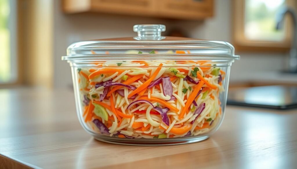 A glass container filled with a creamy, vibrant coleslaw mixture sits on a clean, wooden kitchen counter. The vibrant colors of the shredded cabbage, carrots, and a sprinkle of herbs create an appetizing contrast. A tightly fitting lid covers the container, ensuring the coleslaw remains fresh and flavorful for future enjoyment. The scene is illuminated by natural light filtering through a nearby window, casting a warm, inviting glow over the leftovers. The overall composition conveys a sense of neat organization and careful food storage, ready to be accessed when needed. A glass container filled with a creamy, vibrant coleslaw mixture sits on a clean, wooden kitchen counter. The vibrant colors of the shredded cabbage, carrots, and a sprinkle of herbs create an appetizing contrast. A tightly fitting lid covers the container, ensuring the coleslaw remains fresh and flavorful for future enjoyment. The scene is illuminated by natural light filtering through a nearby window, casting a warm, inviting glow over the leftovers. The overall composition conveys a sense of neat organization and careful food storage, ready to be accessed when needed.