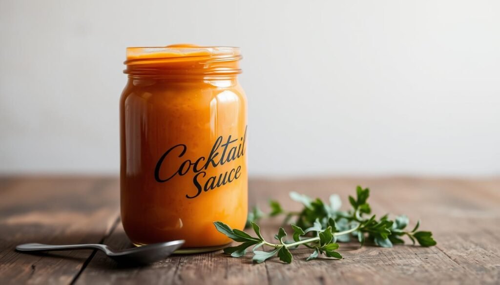 A glass jar filled with thick, creamy cocktail sauce sits on a rustic wooden table, its contents casting a warm, amber glow under the soft, diffused lighting. The jar's label showcases an elegant cursive design, hinting at the delectable flavors within. In the foreground, a small spoon rests nearby, ready to scoop out the sauce for future culinary adventures. The middle ground features a few sprigs of fresh herbs, their vibrant green hues complementing the rich, savory tones of the cocktail sauce. In the background, a simple, neutral-toned wall provides a clean, uncluttered backdrop, allowing the star of the scene - the beautifully stored cocktail sauce - to take center stage. A glass jar filled with thick, creamy cocktail sauce sits on a rustic wooden table, its contents casting a warm, amber glow under the soft, diffused lighting. The jar's label showcases an elegant cursive design, hinting at the delectable flavors within. In the foreground, a small spoon rests nearby, ready to scoop out the sauce for future culinary adventures. The middle ground features a few sprigs of fresh herbs, their vibrant green hues complementing the rich, savory tones of the cocktail sauce. In the background, a simple, neutral-toned wall provides a clean, uncluttered backdrop, allowing the star of the scene - the beautifully stored cocktail sauce - to take center stage.