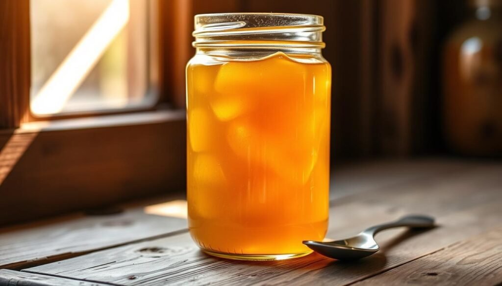 A glass jar filled with thick, golden honey sits on a rustic wooden table. Warm sunlight streams through a window, casting a soft glow on the jar's surface. The honey glistens, its viscous texture hinting at its rich, floral sweetness. Beside the jar, a spoon rests, ready to scoop out the precious nectar. The scene evokes a sense of homemade comfort and a love for nature's bounty, perfectly suited to illustrate the "Storing and Shelf Life" section of the "Homemade Fantasy Fudge" article. A glass jar filled with thick, golden honey sits on a rustic wooden table. Warm sunlight streams through a window, casting a soft glow on the jar's surface. The honey glistens, its viscous texture hinting at its rich, floral sweetness. Beside the jar, a spoon rests, ready to scoop out the precious nectar. The scene evokes a sense of homemade comfort and a love for nature's bounty, perfectly suited to illustrate the "Storing and Shelf Life" section of the "Homemade Fantasy Fudge" article.