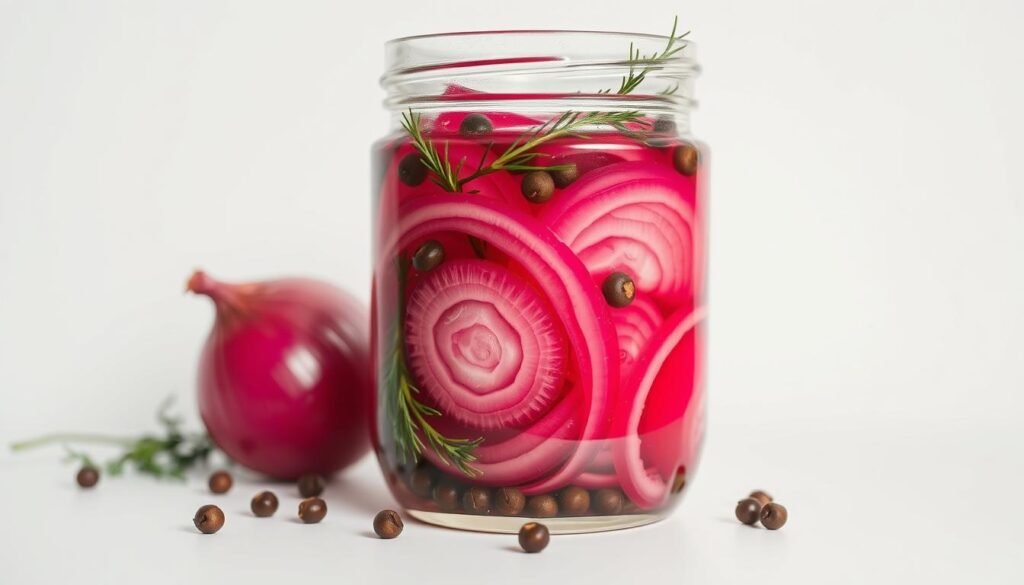A glass jar filled with vibrant red onion slices, their vivid hue contrasting against the clear glass. The onions are partially submerged in a tantalizing brine, accented with fragrant peppercorns, sprigs of fresh dill, and a hint of garlic. Soft natural lighting from an overhead window casts a warm glow, highlighting the translucent layers of the onions and the effervescent bubbles within the liquid. The composition is clean and minimalist, allowing the pickled ingredients to take center stage against a plain white background, conveying a sense of simplicity and culinary expertise.