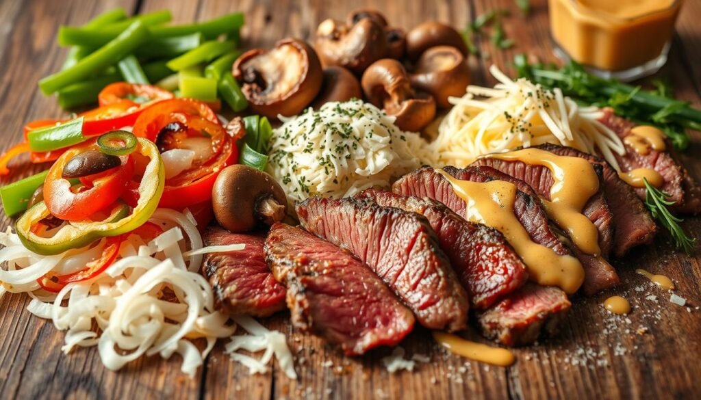 A gourmet assortment of Philly cheesesteak toppings, artfully arranged on a rustic wooden surface. In the foreground, slices of sautéed onions, vibrant green peppers, and juicy mushrooms create a colorful tapestry. The middle ground features shredded mozzarella cheese and thick-cut slices of tender, seared beef, glistening with savory juices. In the background, a sprinkle of oregano and a drizzle of tangy cheese sauce add depth and complexity to the composition. The lighting is soft and natural, casting a warm, inviting glow over the scene, evoking the comforting aroma of a freshly prepared Philly cheesesteak. The overall mood is one of mouthwatering anticipation, showcasing the essential condiments and toppings that elevate this iconic sandwich to new heights. A gourmet assortment of Philly cheesesteak toppings, artfully arranged on a rustic wooden surface. In the foreground, slices of sautéed onions, vibrant green peppers, and juicy mushrooms create a colorful tapestry. The middle ground features shredded mozzarella cheese and thick-cut slices of tender, seared beef, glistening with savory juices. In the background, a sprinkle of oregano and a drizzle of tangy cheese sauce add depth and complexity to the composition. The lighting is soft and natural, casting a warm, inviting glow over the scene, evoking the comforting aroma of a freshly prepared Philly cheesesteak. The overall mood is one of mouthwatering anticipation, showcasing the essential condiments and toppings that elevate this iconic sandwich to new heights.