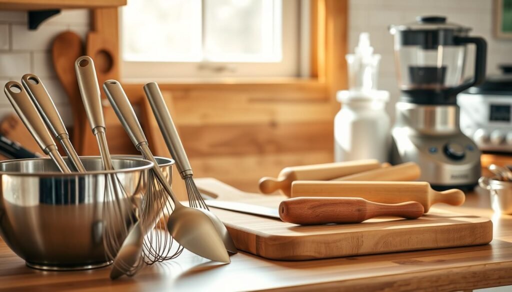 A kitchen countertop filled with an array of essential cooking tools, bathed in warm, natural lighting. In the foreground, a set of high-quality stainless steel mixing bowls, whisks, and spatulas, their metallic surfaces gleaming. The middle ground showcases a sturdy, wooden cutting board alongside a sharp chef's knife and a classic rolling pin. In the background, a blender and a food processor sit neatly, their modern silhouettes complementing the rustic charm of the scene. The overall atmosphere evokes a sense of culinary preparedness, ready to tackle any recipe with the right equipment. A kitchen countertop filled with an array of essential cooking tools, bathed in warm, natural lighting. In the foreground, a set of high-quality stainless steel mixing bowls, whisks, and spatulas, their metallic surfaces gleaming. The middle ground showcases a sturdy, wooden cutting board alongside a sharp chef's knife and a classic rolling pin. In the background, a blender and a food processor sit neatly, their modern silhouettes complementing the rustic charm of the scene. The overall atmosphere evokes a sense of culinary preparedness, ready to tackle any recipe with the right equipment.