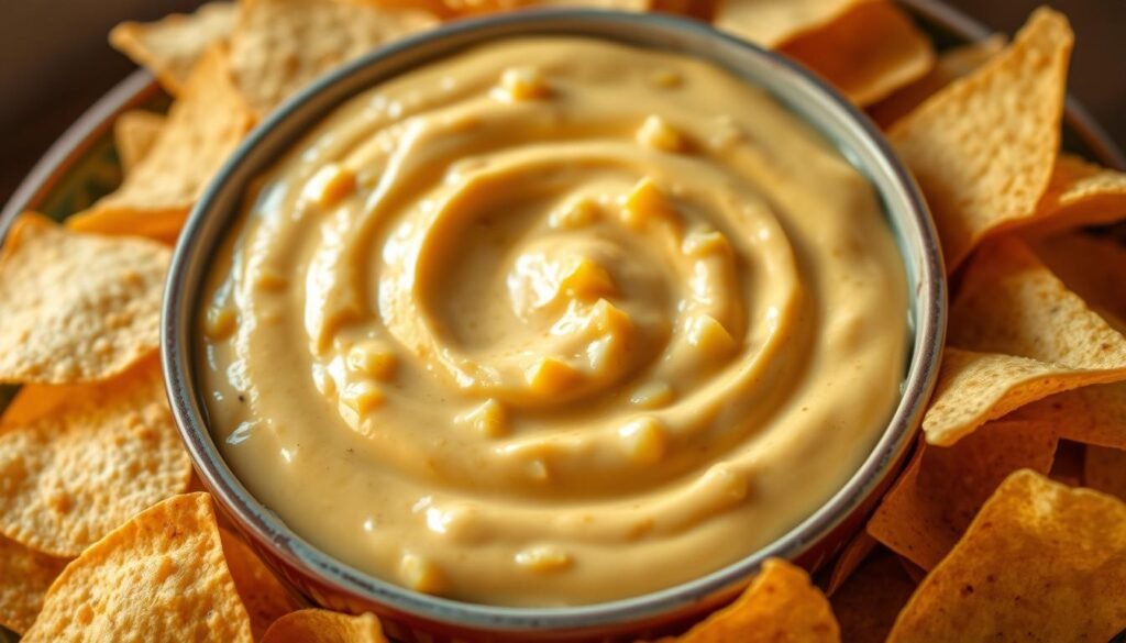A large bowl filled with a creamy, golden corn dip, surrounded by crisp, golden-brown tortilla chips. The dip is smooth and inviting, with visible kernels of sweet corn and a subtle hint of spice. Soft lighting casts a warm glow, highlighting the dip's texture and making the scene appear appetizing and irresistible. The composition is balanced, with the bowl positioned centrally and the chips arranged artfully around it. The overall atmosphere evokes a cozy, casual setting, perfect for sharing and enjoying with friends. A large bowl filled with a creamy, golden corn dip, surrounded by crisp, golden-brown tortilla chips. The dip is smooth and inviting, with visible kernels of sweet corn and a subtle hint of spice. Soft lighting casts a warm glow, highlighting the dip's texture and making the scene appear appetizing and irresistible. The composition is balanced, with the bowl positioned centrally and the chips arranged artfully around it. The overall atmosphere evokes a cozy, casual setting, perfect for sharing and enjoying with friends.