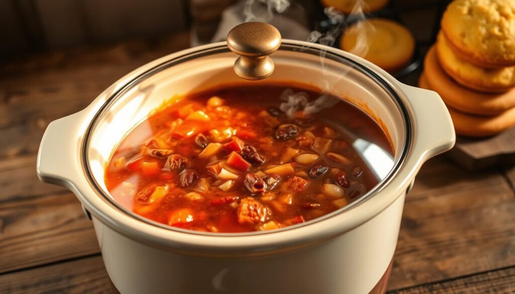 A large ceramic crockpot sits on a rustic wooden table, steam gently rising from the lid. Inside, a thick, hearty chili simmers, the aroma of cumin, chili powder, and garlic permeating the air. Slivers of onion, diced tomatoes, and kidney beans are visible through the clear glass lid. The crockpot is bathed in warm, soft lighting, casting a cozy glow over the scene. In the background, a stack of cornbread muffins waits to be served alongside the piping hot chili. The overall atmosphere evokes a sense of comfort and homemade goodness, perfect for a step-by-step guide to making a delicious crockpot chili. A large ceramic crockpot sits on a rustic wooden table, steam gently rising from the lid. Inside, a thick, hearty chili simmers, the aroma of cumin, chili powder, and garlic permeating the air. Slivers of onion, diced tomatoes, and kidney beans are visible through the clear glass lid. The crockpot is bathed in warm, soft lighting, casting a cozy glow over the scene. In the background, a stack of cornbread muffins waits to be served alongside the piping hot chili. The overall atmosphere evokes a sense of comfort and homemade goodness, perfect for a step-by-step guide to making a delicious crockpot chili.