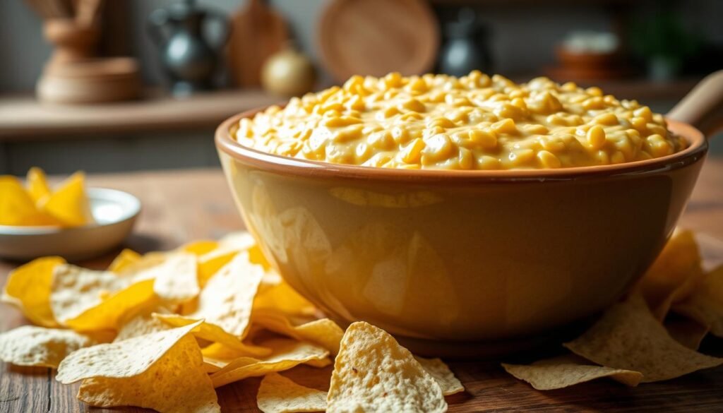A large, ceramic serving bowl filled to the brim with a creamy, golden corn dip sits atop a rustic wooden table. The dip glistens under soft, natural lighting, showcasing its thick, chunky texture. Around the bowl, a scattering of crisp, golden corn tortilla chips invites the viewer to dig in. In the background, a blurred scene of a cozy, well-appointed kitchen evokes a welcoming, homemade atmosphere. The overall composition conveys a sense of effortless elegance and the promise of a delicious, make-ahead appetizer perfect for any gathering. A large, ceramic serving bowl filled to the brim with a creamy, golden corn dip sits atop a rustic wooden table. The dip glistens under soft, natural lighting, showcasing its thick, chunky texture. Around the bowl, a scattering of crisp, golden corn tortilla chips invites the viewer to dig in. In the background, a blurred scene of a cozy, well-appointed kitchen evokes a welcoming, homemade atmosphere. The overall composition conveys a sense of effortless elegance and the promise of a delicious, make-ahead appetizer perfect for any gathering.