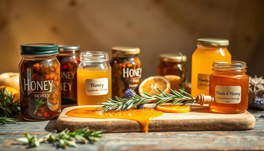 A lush, artisanal display of various honey varietals infused with spices, herbs, and natural flavorings. In the foreground, glass jars filled with vibrant, honey-based condiments like chili-infused, lavender, and cinnamon-orange variants. The middle ground showcases a rustic wood board with drizzles of honey, sprigs of rosemary, and sliced citrus. Warm, natural lighting illuminates the scene, casting a cozy, inviting atmosphere. The background is a softly blurred, earthy-toned wall, suggesting a homey, artisanal setting. The overall mood is one of culinary craftsmanship and the pleasures of homemade, specialty honey products. A lush, artisanal display of various honey varietals infused with spices, herbs, and natural flavorings. In the foreground, glass jars filled with vibrant, honey-based condiments like chili-infused, lavender, and cinnamon-orange variants. The middle ground showcases a rustic wood board with drizzles of honey, sprigs of rosemary, and sliced citrus. Warm, natural lighting illuminates the scene, casting a cozy, inviting atmosphere. The background is a softly blurred, earthy-toned wall, suggesting a homey, artisanal setting. The overall mood is one of culinary craftsmanship and the pleasures of homemade, specialty honey products.