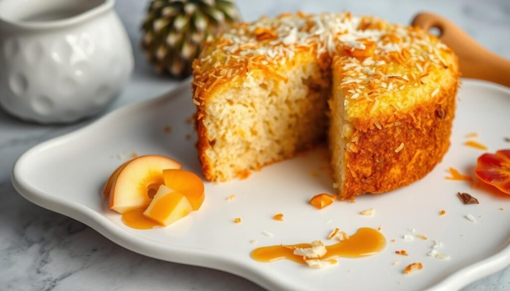 A lush, golden-hued coconut cake rests on an elegant white ceramic platter, its moist and crumbly texture beckoning to be sampled. Atop the cake, delicate strands of freshly grated coconut create a captivating visual contrast. Surrounding the cake, an array of complementary garnishes - sliced tropical fruits, a drizzle of warm caramel sauce, and a sprinkling of toasted coconut flakes - suggest myriad serving possibilities. Soft, diffused lighting casts a warm, inviting glow, while the camera's perspective provides a close-up, almost tactile experience of this delectable dessert.