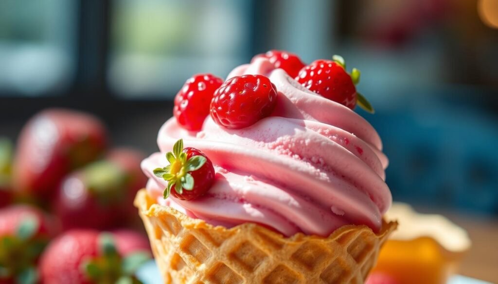 A lush, vibrant strawberry ice cream scoop nestled atop a waffle cone, with glistening crimson berries adorning the surface. The creamy, smooth texture is accentuated by soft natural lighting, creating a warm, inviting atmosphere. A shallow depth of field blurs the background, drawing the viewer's focus to the delectable frozen treat. The composition is balanced, with the ice cream occupying the foreground and the waffle cone providing a sturdy, textured base. The overall scene evokes a sense of summertime indulgence and the delightful flavors of fresh, seasonal fruit. A lush, vibrant strawberry ice cream scoop nestled atop a waffle cone, with glistening crimson berries adorning the surface. The creamy, smooth texture is accentuated by soft natural lighting, creating a warm, inviting atmosphere. A shallow depth of field blurs the background, drawing the viewer's focus to the delectable frozen treat. The composition is balanced, with the ice cream occupying the foreground and the waffle cone providing a sturdy, textured base. The overall scene evokes a sense of summertime indulgence and the delightful flavors of fresh, seasonal fruit.