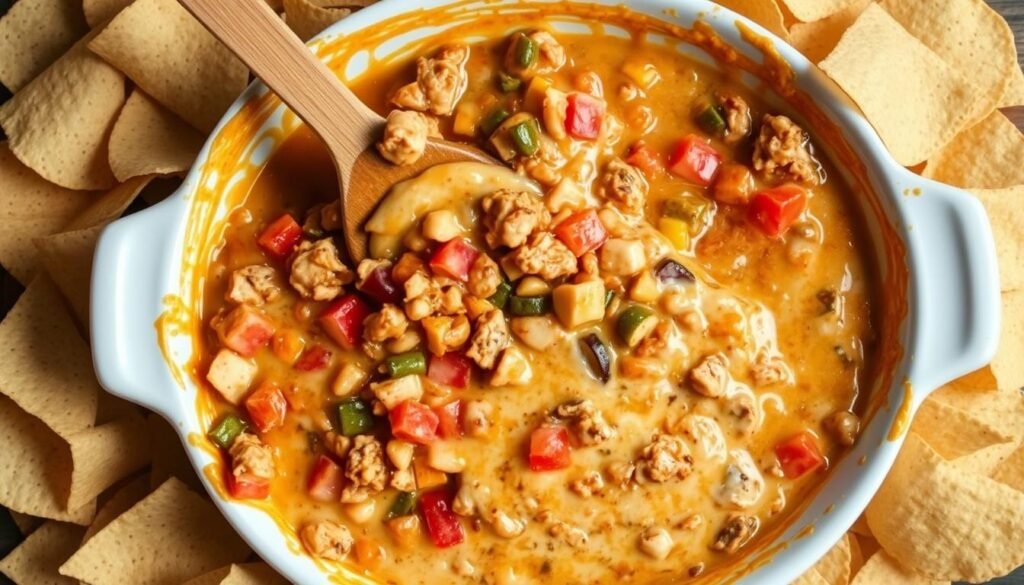 A messy taco dip dish with ingredients spilling over the edges, surrounded by scattered tortilla chips. The dip appears watery and unevenly distributed, with chunks of ingredients haphazardly placed. A wooden spoon is stuck in the dip, creating a sense of disarray. Harsh overhead lighting casts unflattering shadows, highlighting the unappetizing presentation. The chaotic composition suggests a lack of care and attention to detail in the preparation, serving as a cautionary visual for the "Common Mistakes to Avoid" section of the "Delicious Squash Casserole Recipe" article. A messy taco dip dish with ingredients spilling over the edges, surrounded by scattered tortilla chips. The dip appears watery and unevenly distributed, with chunks of ingredients haphazardly placed. A wooden spoon is stuck in the dip, creating a sense of disarray. Harsh overhead lighting casts unflattering shadows, highlighting the unappetizing presentation. The chaotic composition suggests a lack of care and attention to detail in the preparation, serving as a cautionary visual for the "Common Mistakes to Avoid" section of the "Delicious Squash Casserole Recipe" article.
