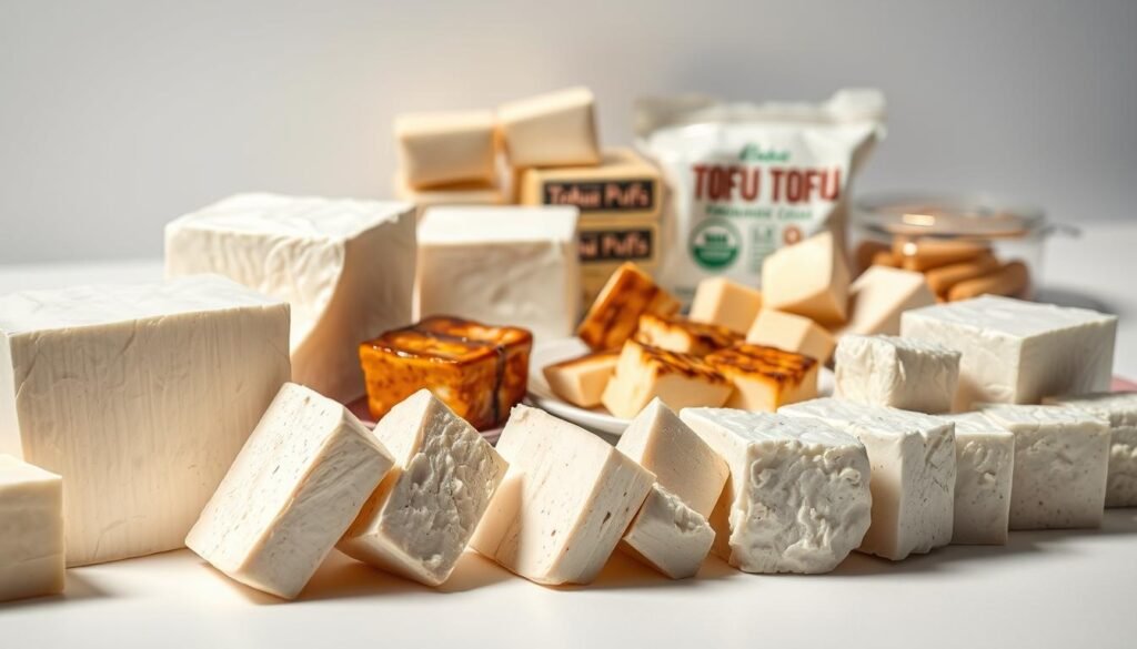 A meticulously arranged still life composition showcasing an assortment of tofu varieties. Crisp, high-contrast lighting illuminates the scene, casting soft shadows and highlighting the delicate textures of the tofu pieces. In the foreground, blocks of silky soft tofu, firm tofu, and marinated tofu cubes are artfully displayed, each with its distinct hue and structure. The middle ground features a plate of grilled or pan-seared tofu slices, their golden-brown surfaces glistening. In the background, a selection of tofu-based products, such as tofu puffs and fermented tofu, are neatly organized, creating a visually appealing and informative display. The overall mood is clean, minimal, and centered on celebrating the diverse range of tofu varieties. A meticulously arranged still life composition showcasing an assortment of tofu varieties. Crisp, high-contrast lighting illuminates the scene, casting soft shadows and highlighting the delicate textures of the tofu pieces. In the foreground, blocks of silky soft tofu, firm tofu, and marinated tofu cubes are artfully displayed, each with its distinct hue and structure. The middle ground features a plate of grilled or pan-seared tofu slices, their golden-brown surfaces glistening. In the background, a selection of tofu-based products, such as tofu puffs and fermented tofu, are neatly organized, creating a visually appealing and informative display. The overall mood is clean, minimal, and centered on celebrating the diverse range of tofu varieties.