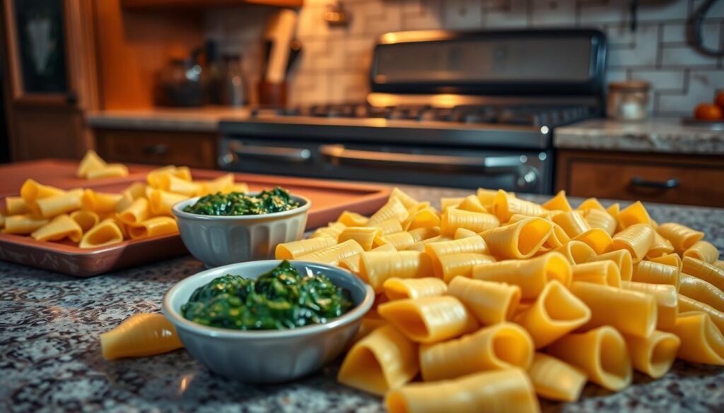A meticulously prepared kitchen countertop, the centerpiece a generous helping of freshly cooked manicotti shells. In the foreground, delicate pasta tubes are carefully arranged, their golden-brown surfaces glistening under the warm, soft lighting. Nearby, a small bowl overflows with a rich, creamy spinach filling, the vibrant green hues contrasting beautifully. In the background, a vintage-inspired kitchen scene sets the mood, with a retro-style stove, weathered wooden cabinets, and a subtly distressed tile backsplash. The overall atmosphere is one of homely comfort and culinary expertise, perfectly capturing the essence of "Preparing the Manicotti Shells" for the Knorr Spinach Dip Recipe. A meticulously prepared kitchen countertop, the centerpiece a generous helping of freshly cooked manicotti shells. In the foreground, delicate pasta tubes are carefully arranged, their golden-brown surfaces glistening under the warm, soft lighting. Nearby, a small bowl overflows with a rich, creamy spinach filling, the vibrant green hues contrasting beautifully. In the background, a vintage-inspired kitchen scene sets the mood, with a retro-style stove, weathered wooden cabinets, and a subtly distressed tile backsplash. The overall atmosphere is one of homely comfort and culinary expertise, perfectly capturing the essence of "Preparing the Manicotti Shells" for the Knorr Spinach Dip Recipe.